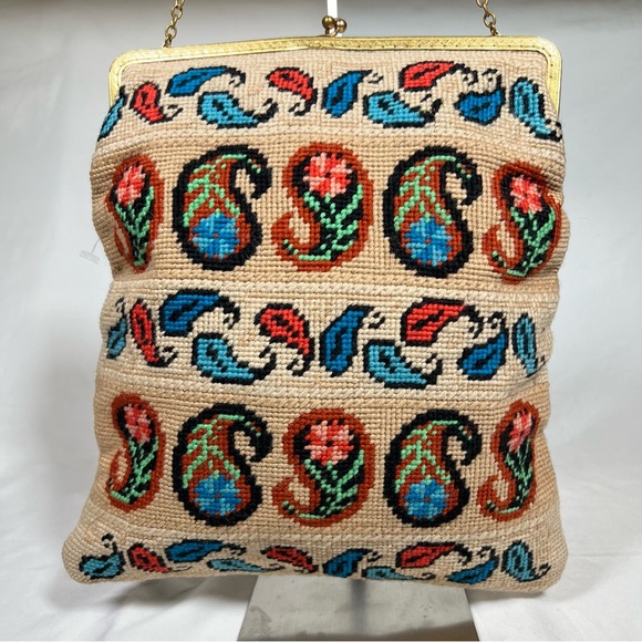 Vintage Needlepoint Tapestry Paisley Motif Shoulder Clutch Handbag Purse - Picture 7 of 13